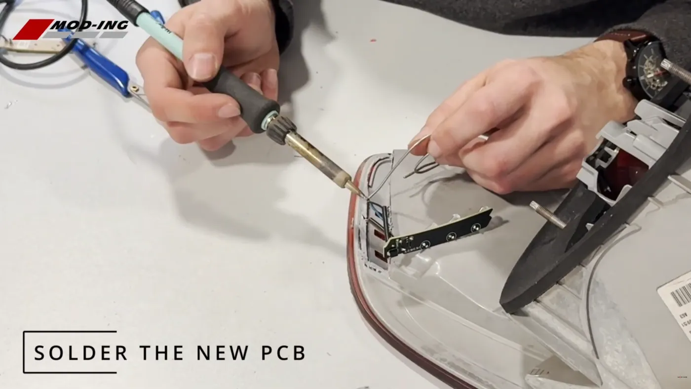 5 e92 inner LED light repair - solder and insulate wires of new PCB